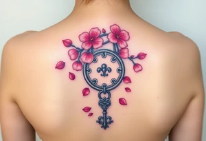 A cherry blossom lock with pink petals gently falling around it, with an intricately designed silver key resting below tattoo idea