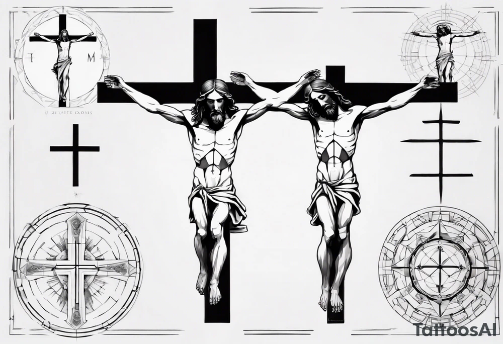Geometric Vitruvian man combined with Jesus on the cross tattoo idea
