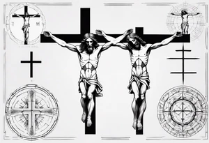 Geometric Vitruvian man combined with Jesus on the cross tattoo idea