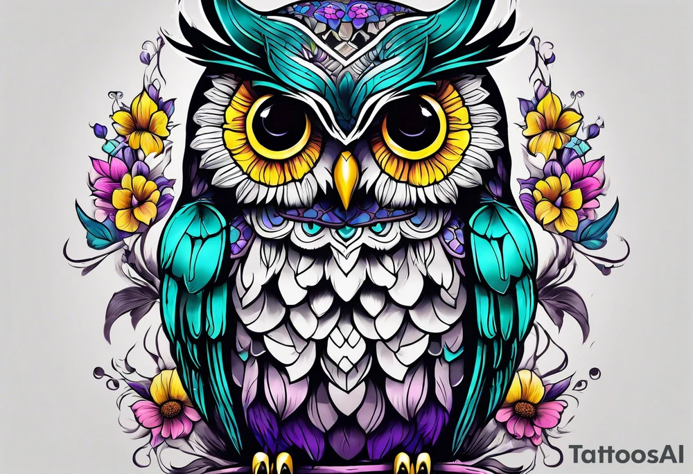 Leg Sleeve with black and white owl that's lightly shaded teal, pink and purple and yellow sunflowers tattoo idea