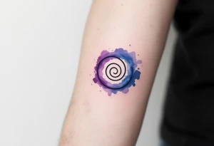 A minimalistic black spiral nestled inside a watercolor wash of soft purples and blues. tattoo idea