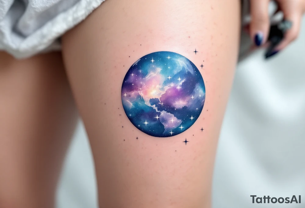 A galaxy-inspired Earth in swirling blues and violets floats in space with tiny white starbursts. tattoo idea
