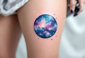 A galaxy-inspired Earth in swirling blues and violets floats in space with tiny white starbursts. tattoo idea