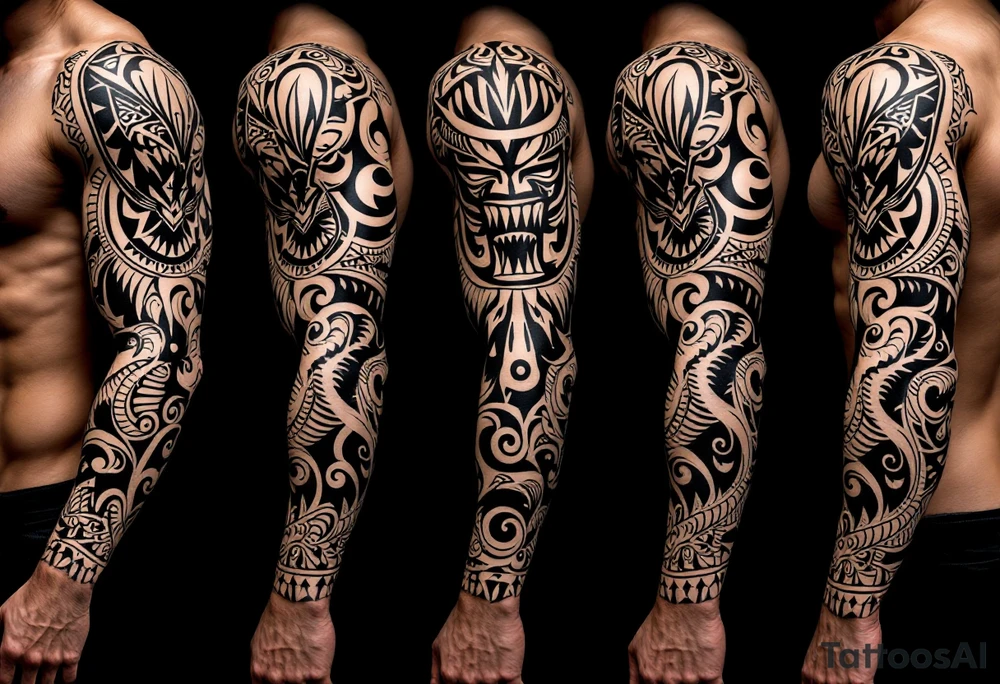 A bold black ink sleeve wrapping from shoulder to wrist, featuring traditional Polynesian patterns such as spearheads, shark teeth, tiki faces, and ocean waves. tattoo idea