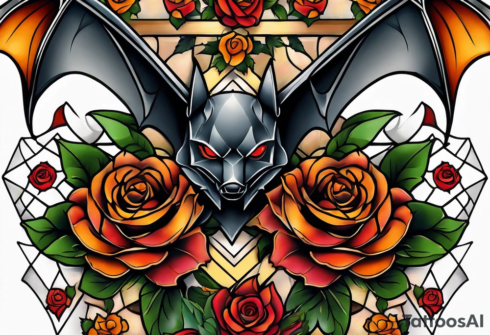traditional Knee tattoo in fall colors with a Bat face and rose tattoo idea