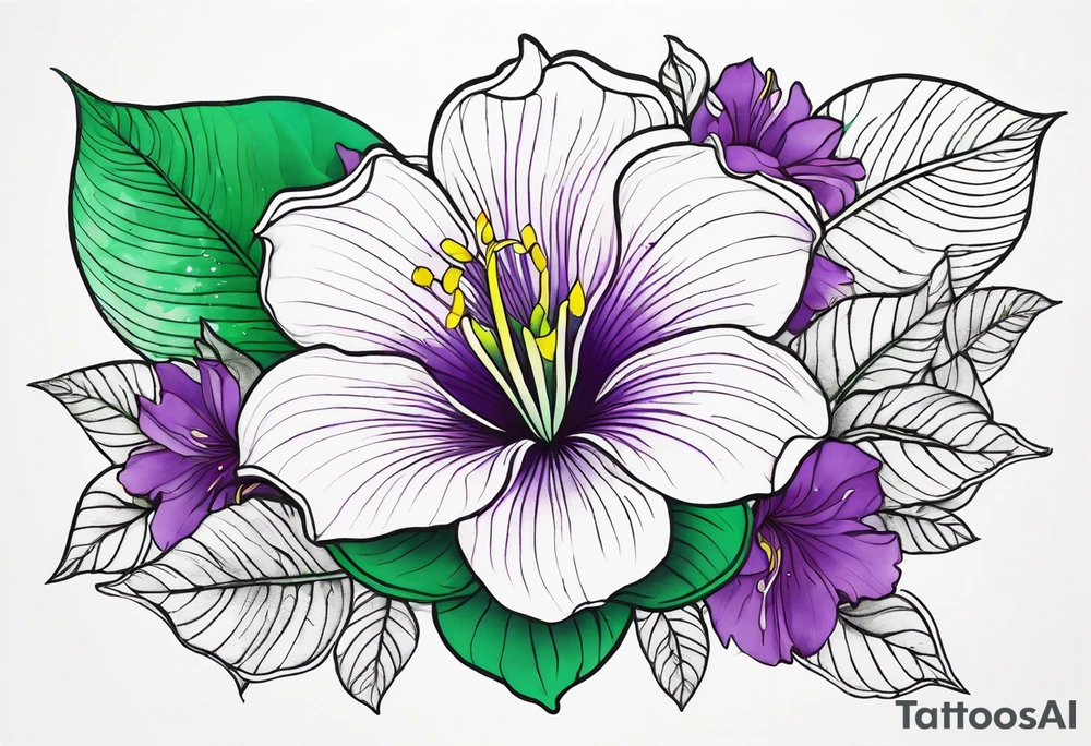 An outline of a rio dipladenia flower with green/purple pedals and a green/purple watercolor splash in the background tattoo idea