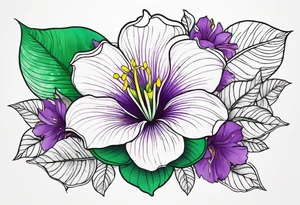 An outline of a rio dipladenia flower with green/purple pedals and a green/purple watercolor splash in the background tattoo idea