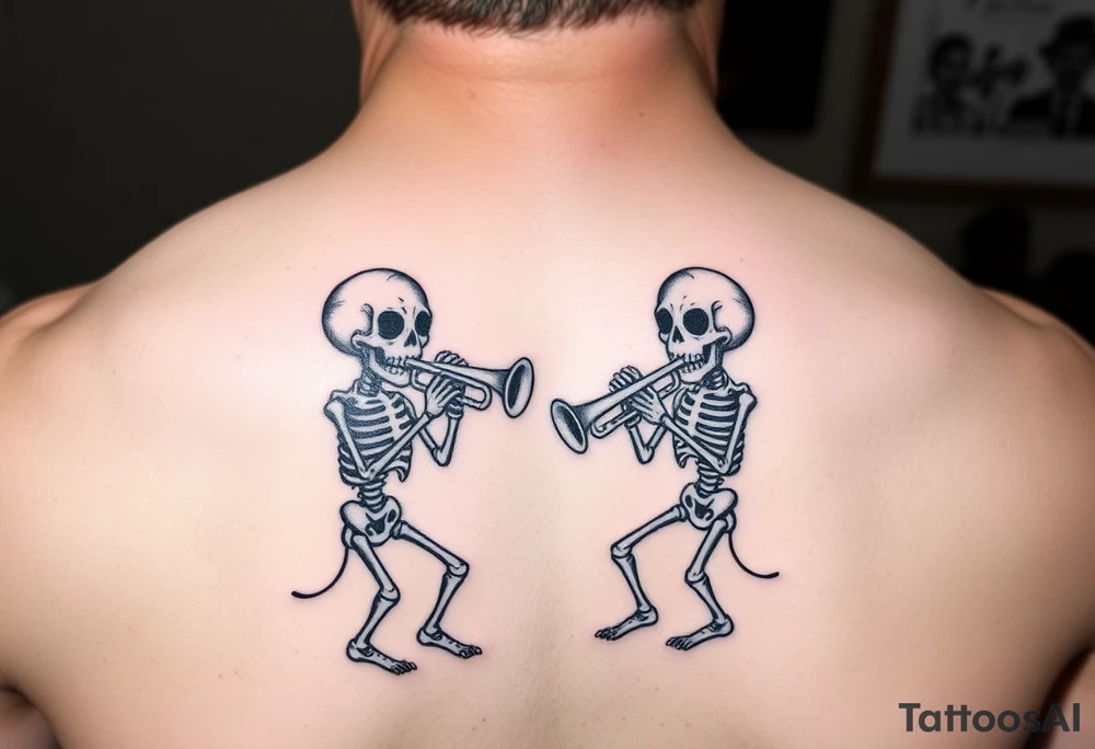 Two cartoon skeletons playing music together with trombone and trumpet tattoo idea