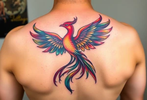 A feminine Phoenix in a rainbow of colors and a tail that looks like a peacock tattoo idea