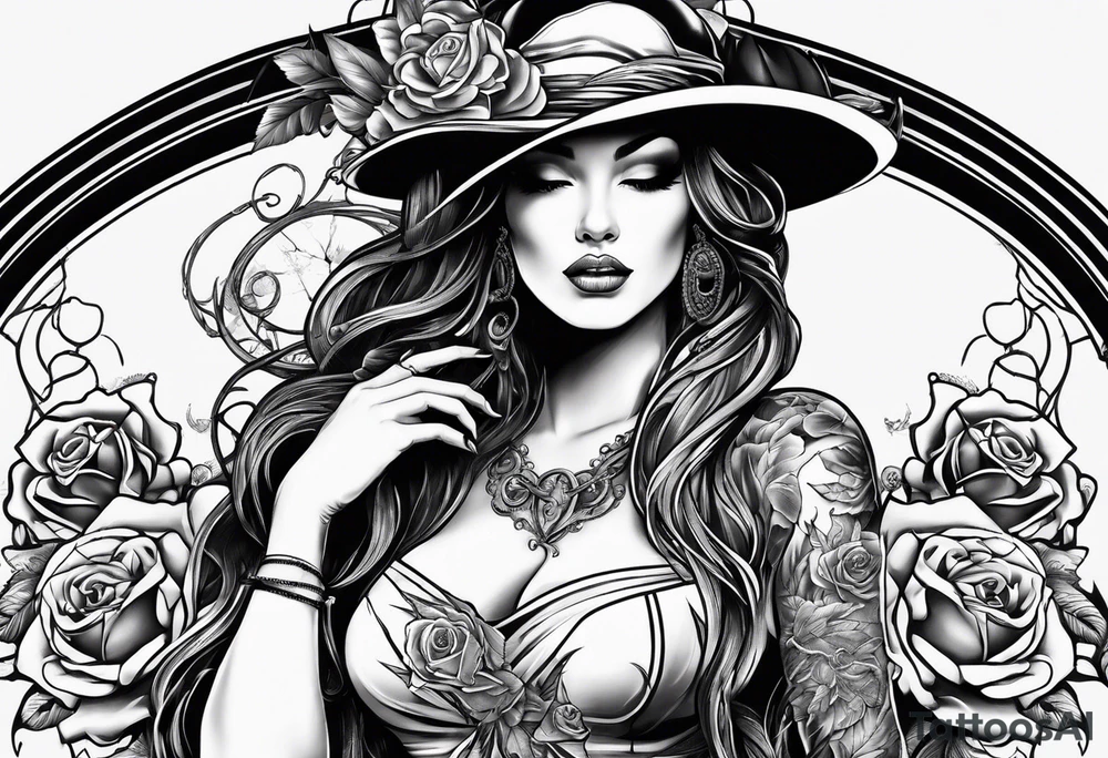 Beautiful devil lady , guns and roses intertwined, goddess tattoo idea