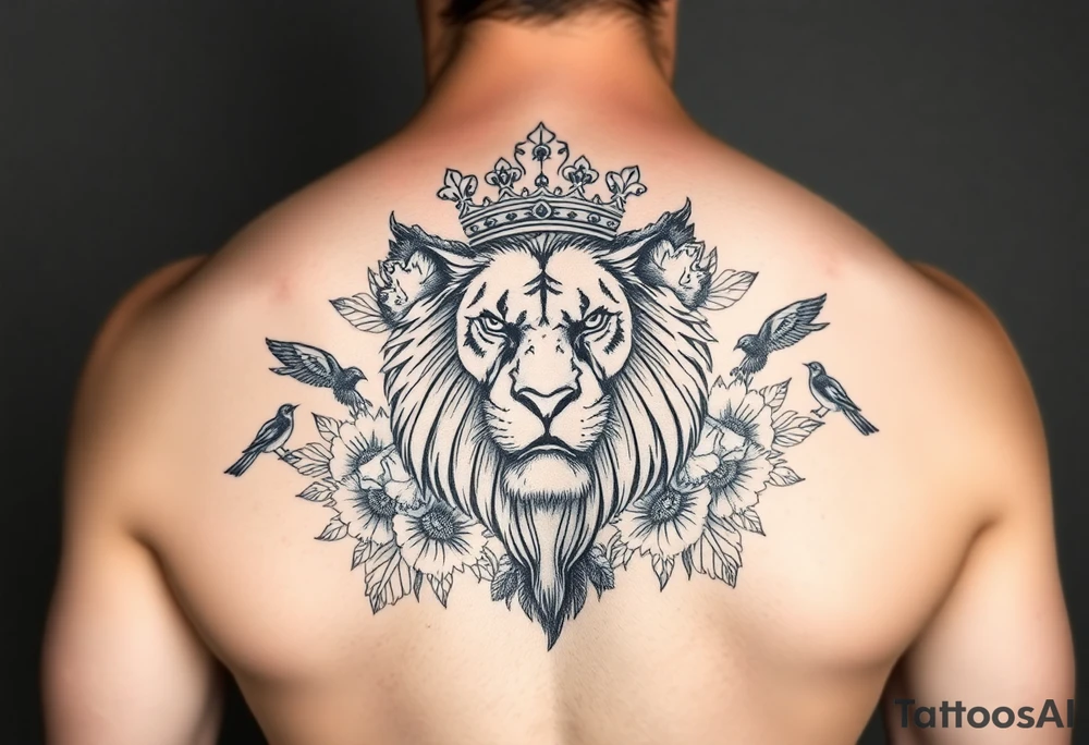 powerful majestic lion with a crown, surrounded by floral ornaments and birds tattoo idea