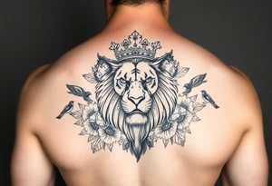 powerful majestic lion with a crown, surrounded by floral ornaments and birds tattoo idea