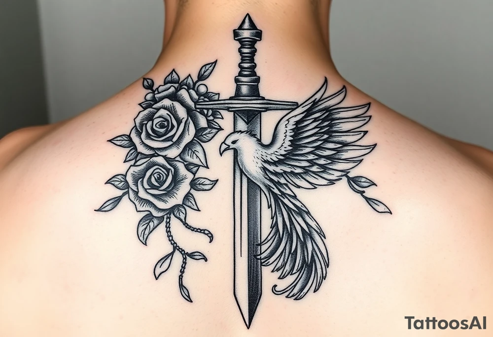 Cross sword darkened in with roses pearls and a phoenix rising from the ashes feminine but powerful tattoo idea