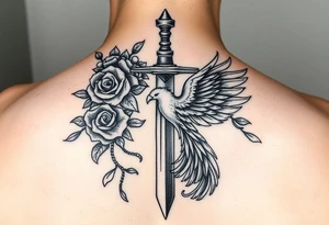 Cross sword darkened in with roses pearls and a phoenix rising from the ashes feminine but powerful tattoo idea