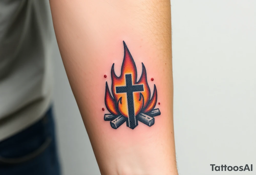 Campfire with a cross hidden in the flames tattoo idea