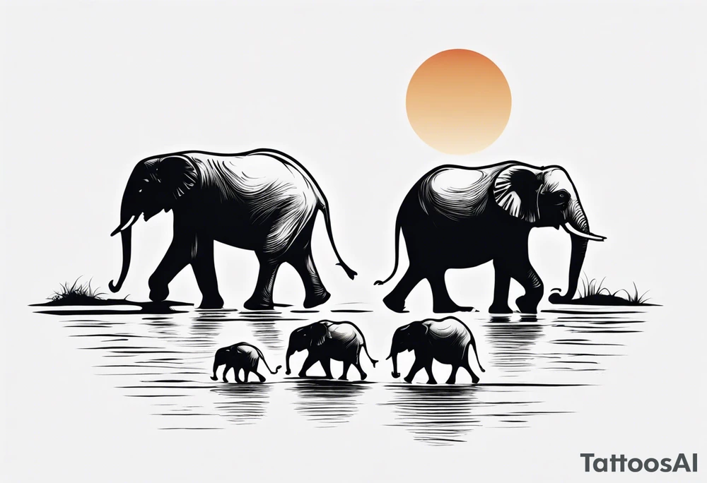family of 6 elephants walking into sunset tattoo idea