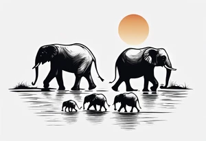 family of 6 elephants walking into sunset tattoo idea