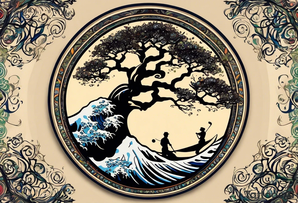 an abstract Tree of Life tattoo. It should have roots growing out of the bottom. The roots slowly turn into water from the Great Wave by Hokusai. A golf flag should be placed discreetly growing out of the ground. 2 license plate tags should be hanging from the tree. Place a few music notes in the areas the leaves should be. The letters A U should be engraved into the tree trunk in a heart. tattoo idea