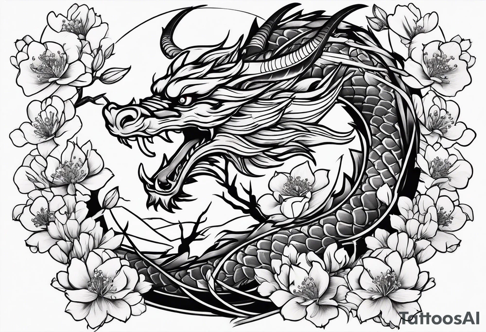 Japanese cherry blossoms dragon minimalist tattoo idea