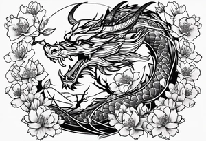 Japanese cherry blossoms dragon minimalist tattoo idea