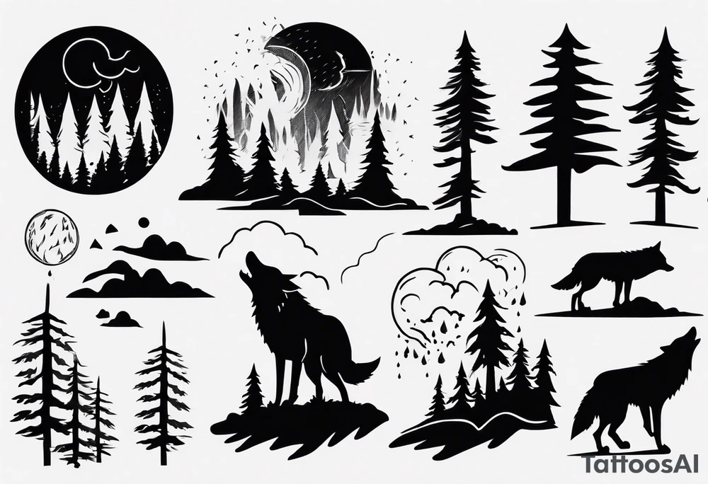 a thunderstorm over a forest and a wolf howling tattoo idea a thunderstorm over a forest and a wolf howling tattoo idea
