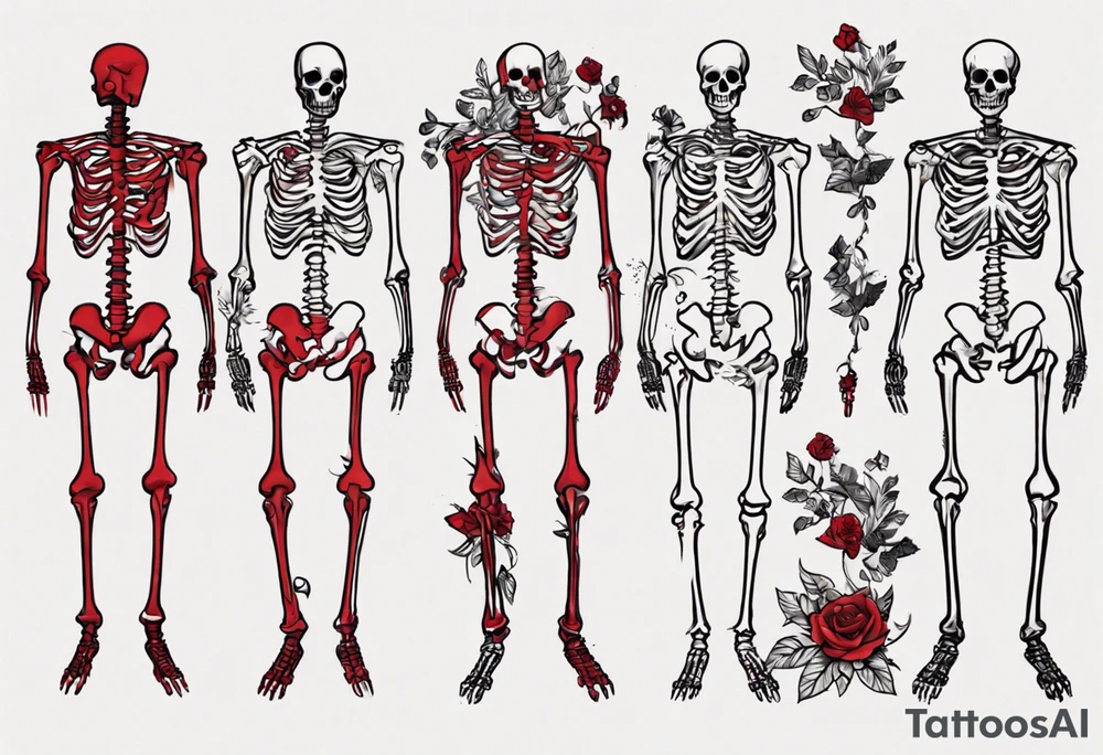 The location of the tattoo is on my left side rib cage.
It should be the size of a postcard, but can extend up/ down. (I'm 185CM tall for reference)
The tattoo should be of a red/white skeleton walking away.
The skeleton should wear a red/ black suit. tattoo idea