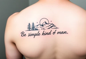 A minimalist tattoo with the words ‘Be a Simple Kind of Man’ in handwritten script, framed by pine trees, mountains, and a rising sun, a river, and moon
Fine line blackwork for the forearm tattoo idea