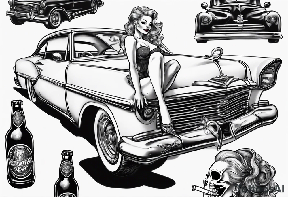 pinup doll laying on the hood of a classic vintage car drinking a beer tattoo idea