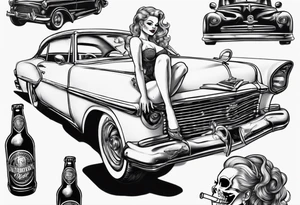 pinup doll laying on the hood of a classic vintage car drinking a beer tattoo idea