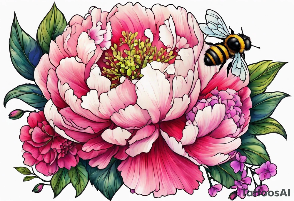 Vibrant peony with hydrangea and petunias foliage and a bee tattoo idea