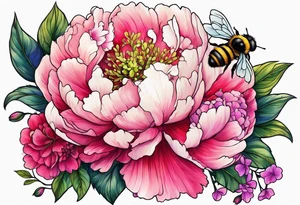 Vibrant peony with hydrangea and petunias foliage and a bee tattoo idea