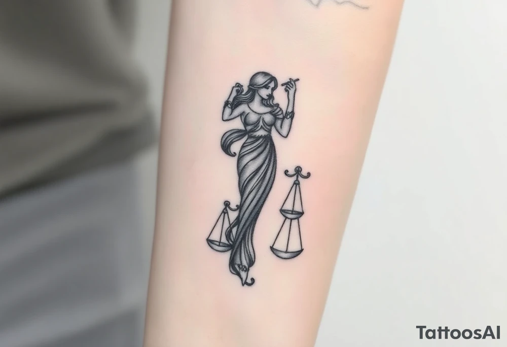 I want a tattoo that combines the Aquarius water bearer and the Libra scales. The water should flow elegantly from the jug, merging into or balancing the scales below. tattoo idea