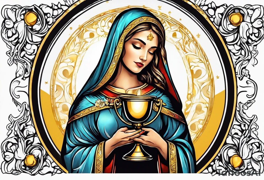 holy saint woman turned away with golden halo holding a chalice tattoo idea