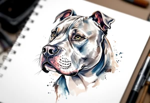 Watercolor pitbull portrait, soft washes of gray, blue, and brown, with expressive brush strokes highlighting the dog’s emotion. tattoo idea