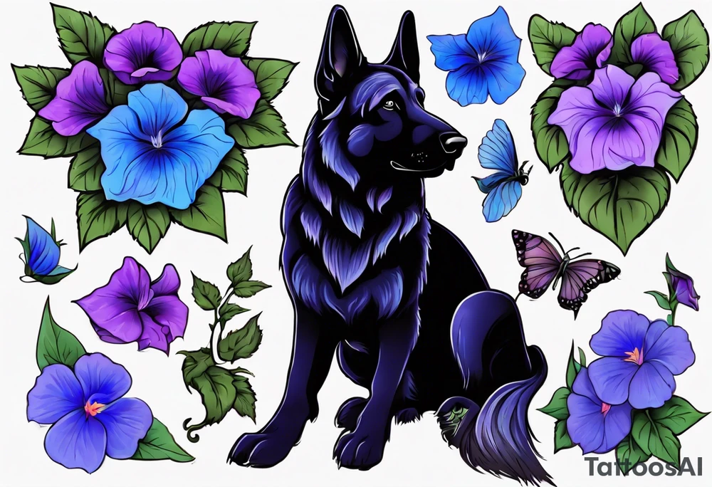Black German shepherd face surrounded by blue and purple morning glories tattoo idea