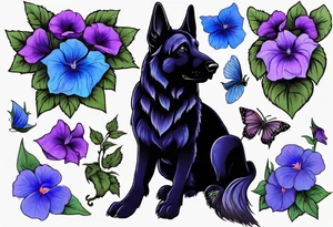 Black German shepherd face surrounded by blue and purple morning glories tattoo idea