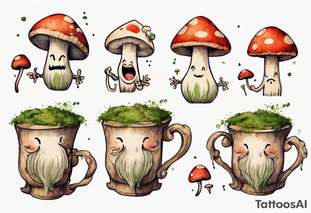 a medieval mushroom with a face and a moss beard and arms and legs drinking from a wood mug, laughing tattoo idea