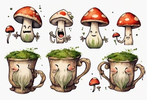 a medieval mushroom with a face and a moss beard and arms and legs drinking from a wood mug, laughing tattoo idea