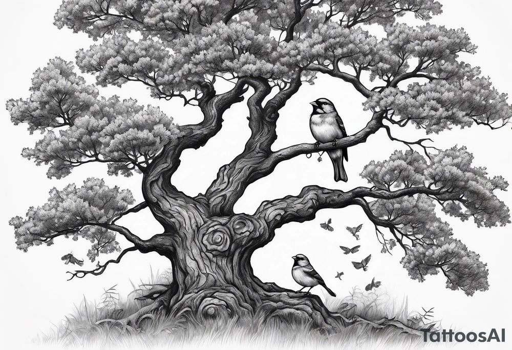 black oak tree with finch birds tattoo idea