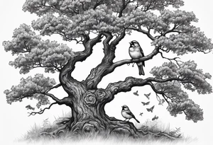 black oak tree with finch birds tattoo idea
