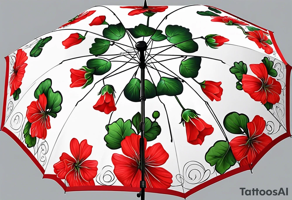 Upside down Umbrella with red geraniums with rain tattoo idea