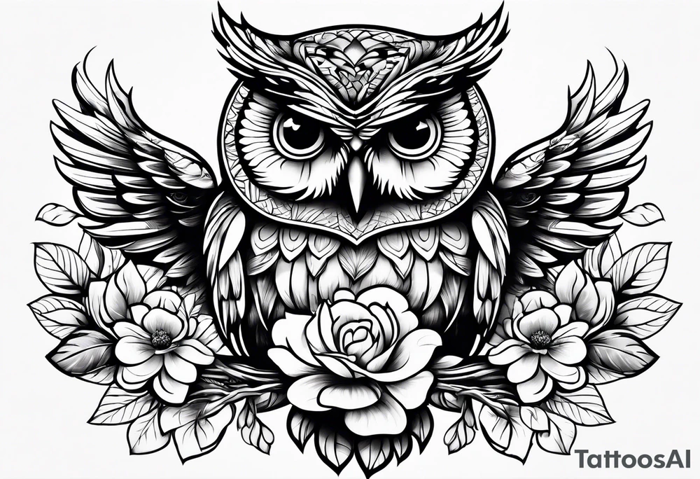 Stomach tattoo full OWL and flower tattoo idea