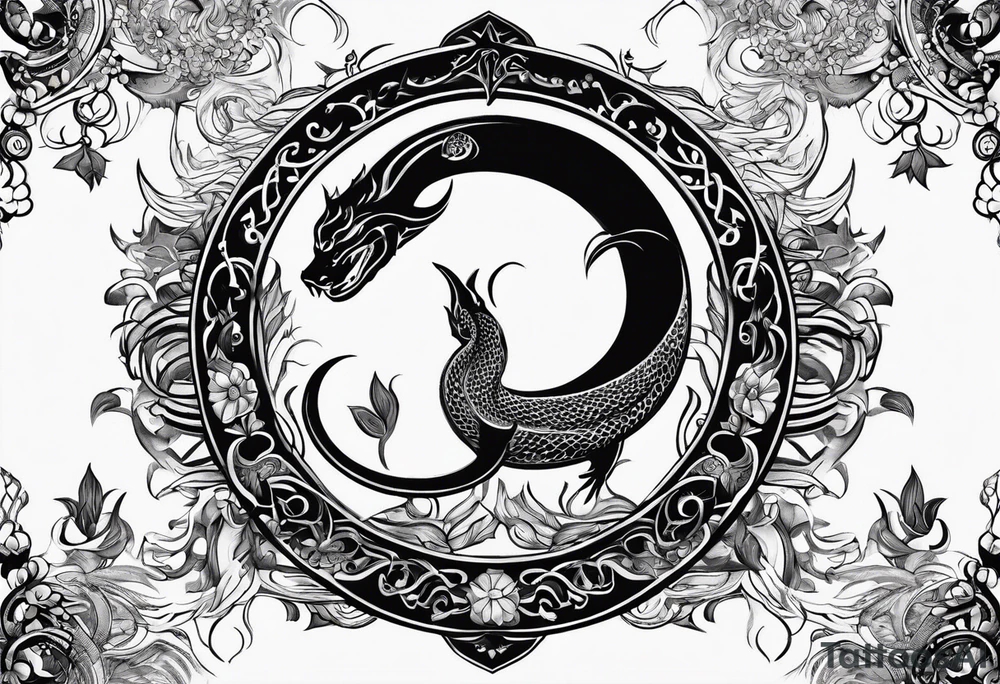 the sun and crescent moon are connected, the moon has a snake wrapped around it, the sun has a cardinal in it, simple tattoo idea