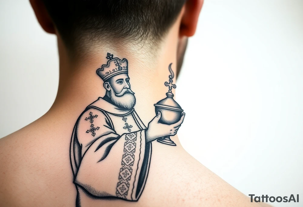 A Russian Orthodox Priest in full gold vestments swinging a censer with smoke curling upward 

The ornate robes give incredible fine line detail
The incense smoke could flow and connect to other elements
It ties directly into the church and Virgin Mary you already have
Very culturally authentic to the overall theme tattoo idea