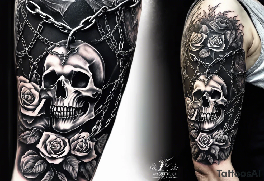 tattoo fool sleeve, dark gothic castle, tree roots break out of the chains, broken mask, roses tattoo idea
