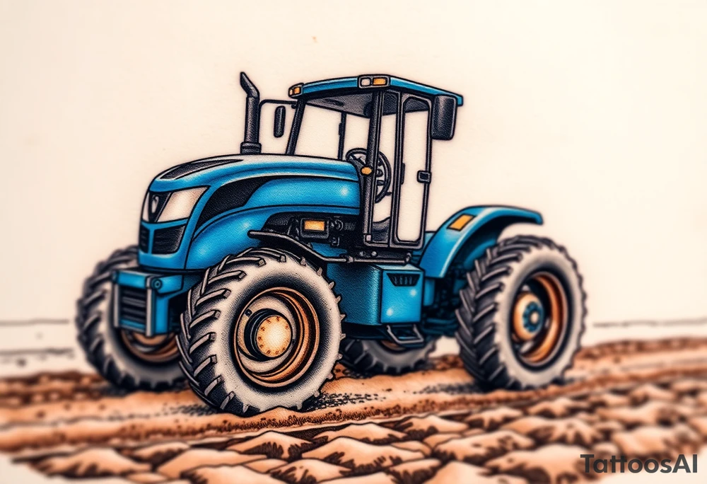 A detailed blue tractor with headlights glowing, standing proudly on a freshly tilled farm field. tattoo idea