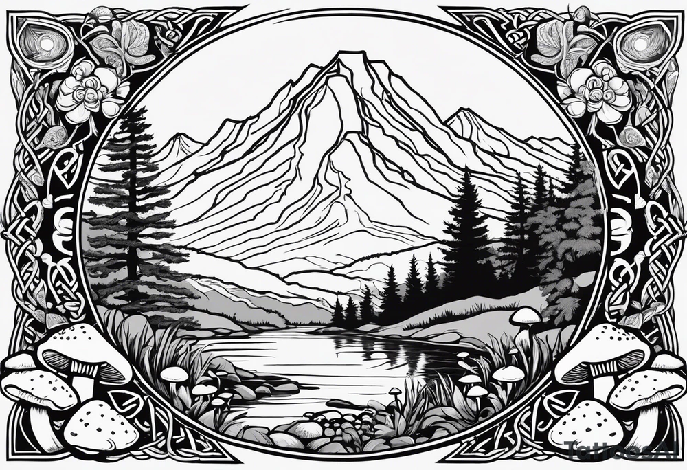 Whole picture encircled fully

Straight long blonde hair hippie girl in distance holding mushrooms in hand facing away toward mountains and creek surrounded by mushrooms long sleeve shirt and hiking pants; whole rendering within a full celtic circle border, no cut off circle tattoo idea