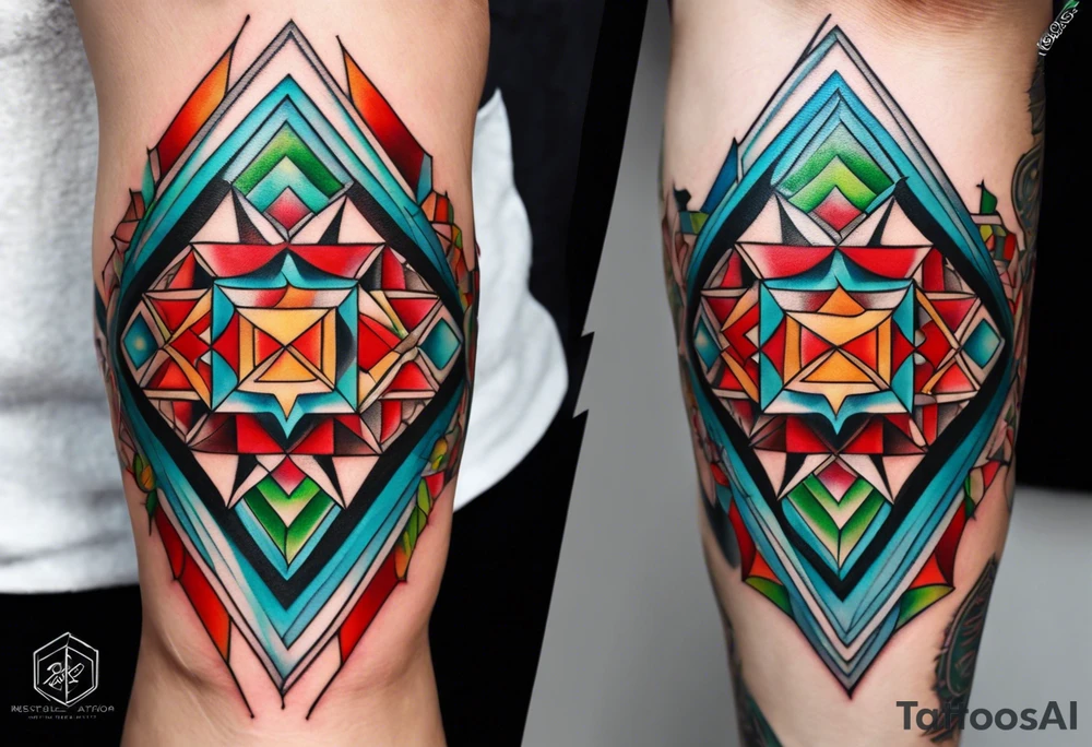 geometric style tattoo on knee with baby blue, red, and green accents. growth and change tattoo idea