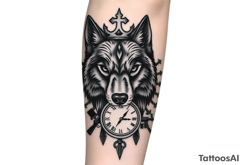 “A detailed black and gray tattoo design featuring a wise wolf head with intense eyes, surrounded by a broken crown, an antique pocket watch with Roman numerals, and a compass pointing north. Subtle AK-47 silhouette elements are blended in the background as a symbolic shadow, not aggressive. Realistic style, fine lines, deep shading, placed on the inner forearm.” tattoo idea