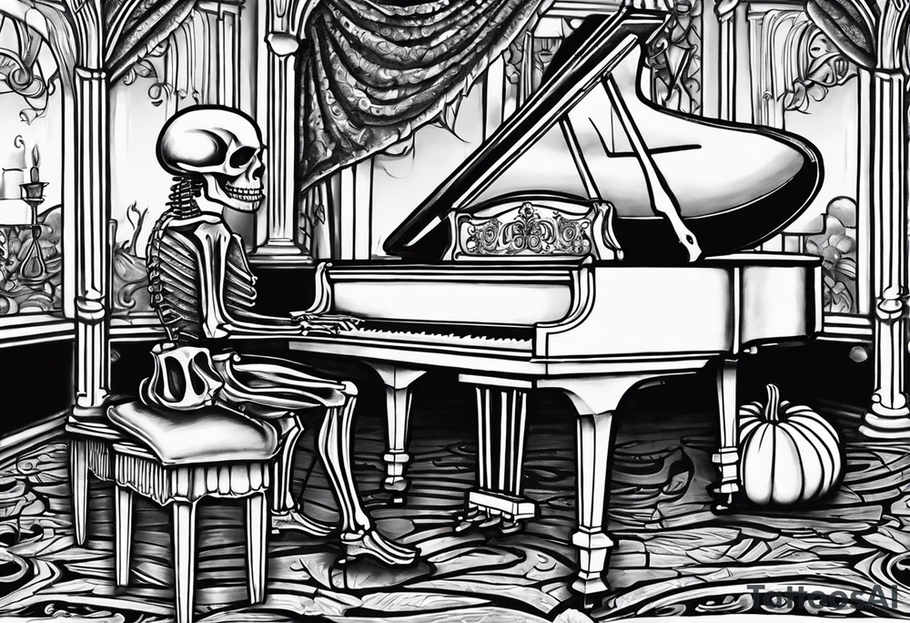 Skeleton playing a pumpkin grand piano with a candelabra sitting on the top in a cob webbed theater tattoo idea